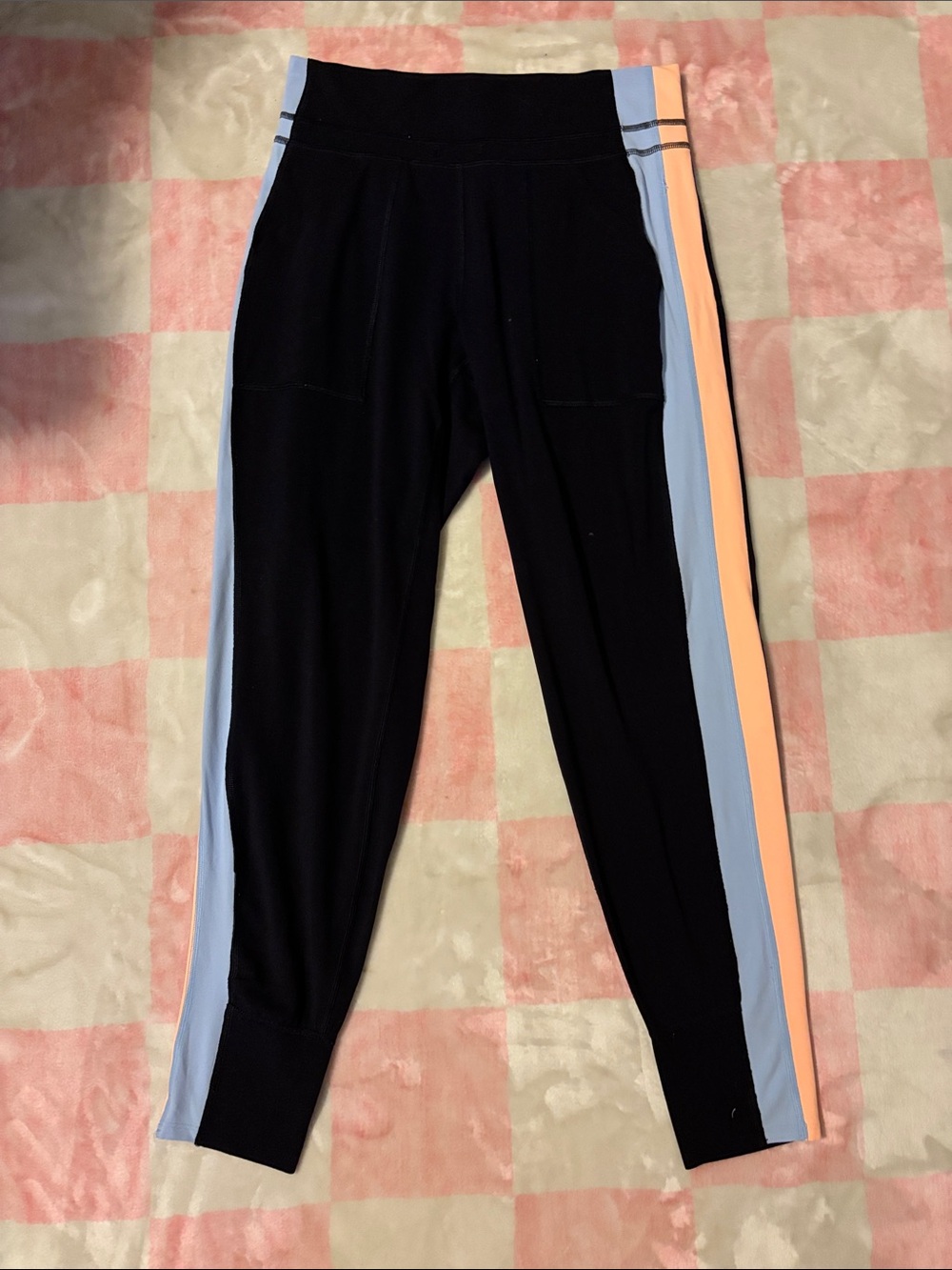 FP Movement by Free People Black Leggings with Light Blue and Peach Side Stripes